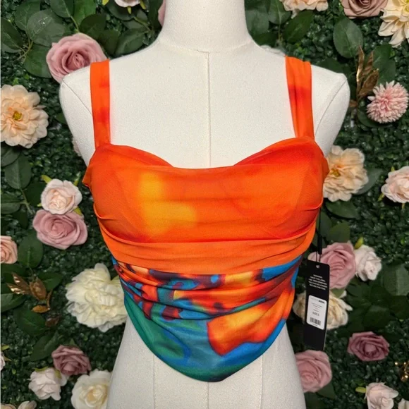 Bright Orange Multi-Color  Crop Corset with Tie Back - Picture 3 of 6